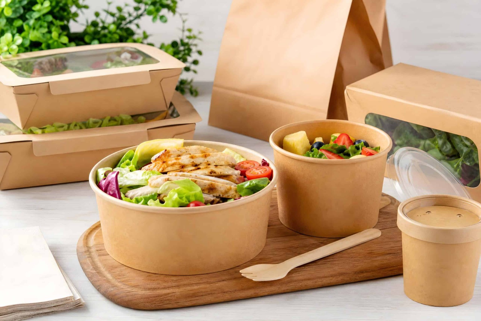 Kraft bowls, cups, bags and food boxes
