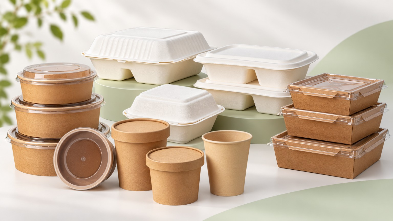 Assorted kraft and fibre food packaging containers