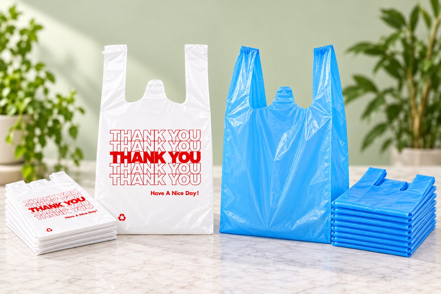 Printed white and coloured plastic shopping bags