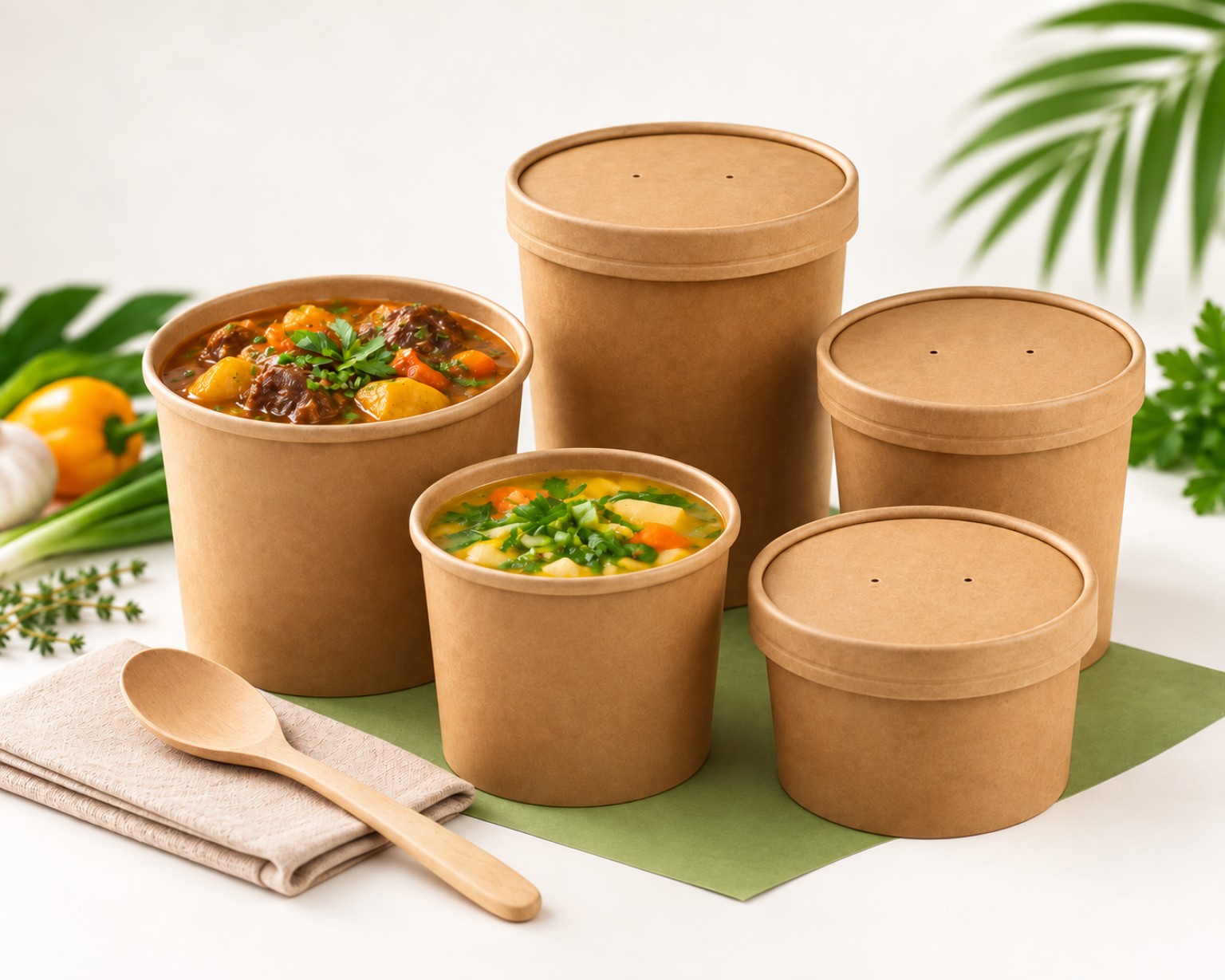 Brown kraft soup bowls with lids in assorted sizes